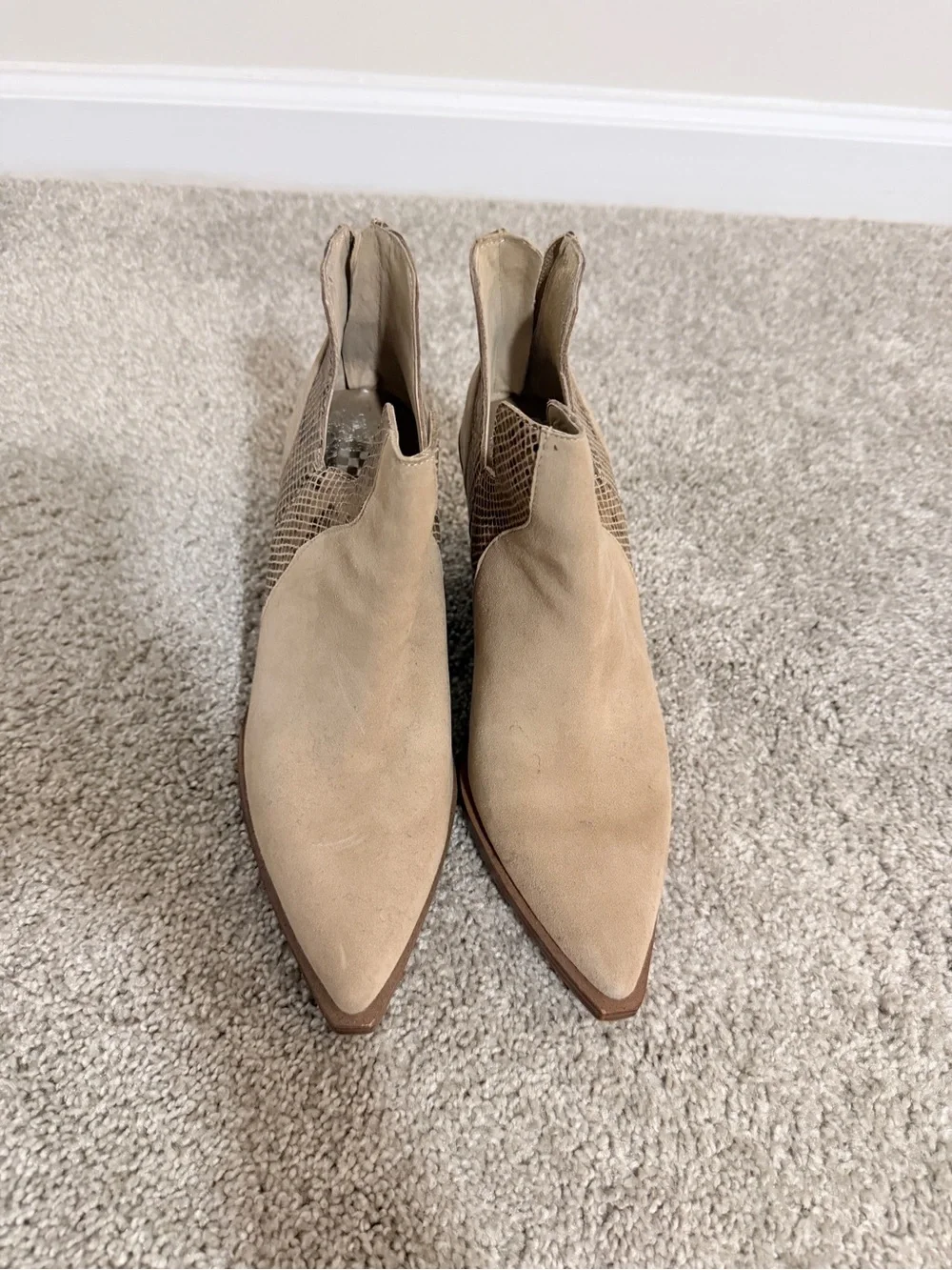 Vince Camuto Beige Suede Pointed Toe Ankle Booties